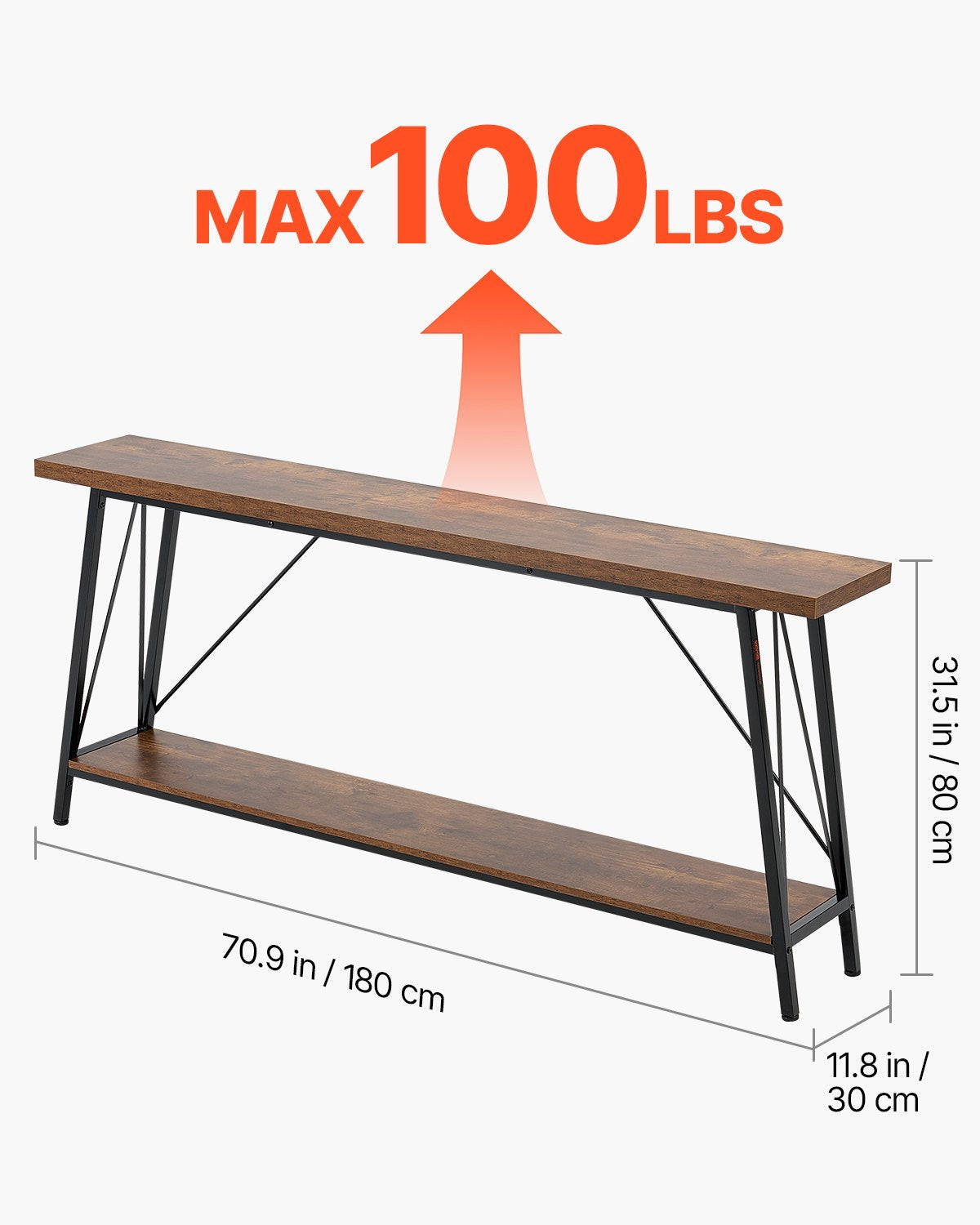 VEVOR 180 cm šaurs konsoles galds aiz dīvāna, 2 līmeņi, brūns ar melnu metāla rāmi, 45,3 kg