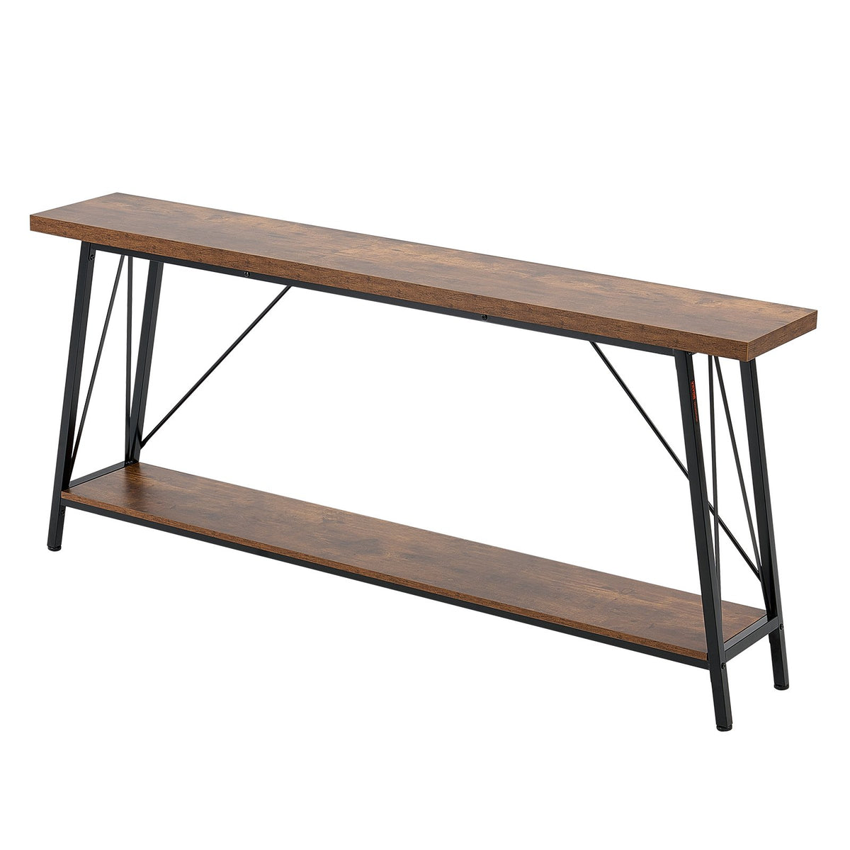 VEVOR 180 cm šaurs konsoles galds aiz dīvāna, 2 līmeņi, brūns ar melnu metāla rāmi, 45,3 kg