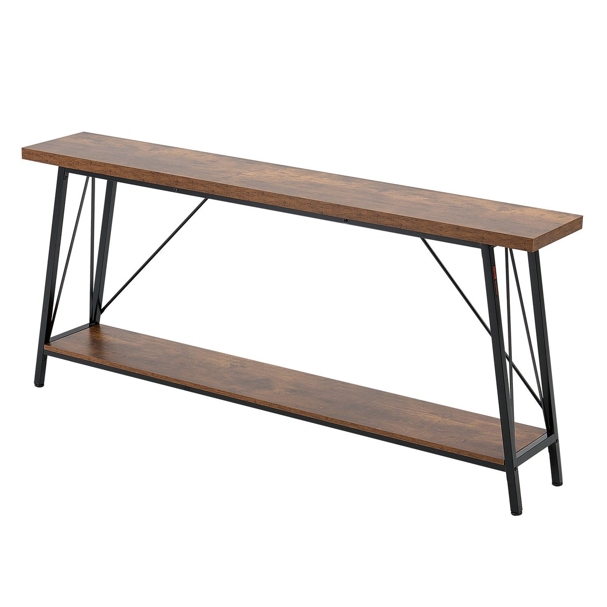 VEVOR 180 cm šaurs konsoles galds aiz dīvāna, 2 līmeņi, brūns ar melnu metāla rāmi, 45,3 kg