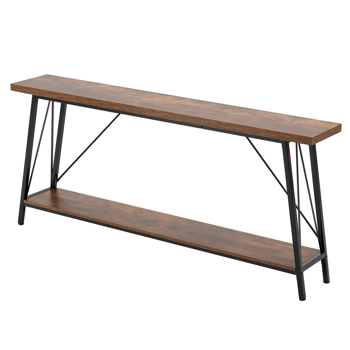 VEVOR 180 cm šaurs konsoles galds aiz dīvāna, 2 līmeņi, brūns ar melnu metāla rāmi, 45,3 kg