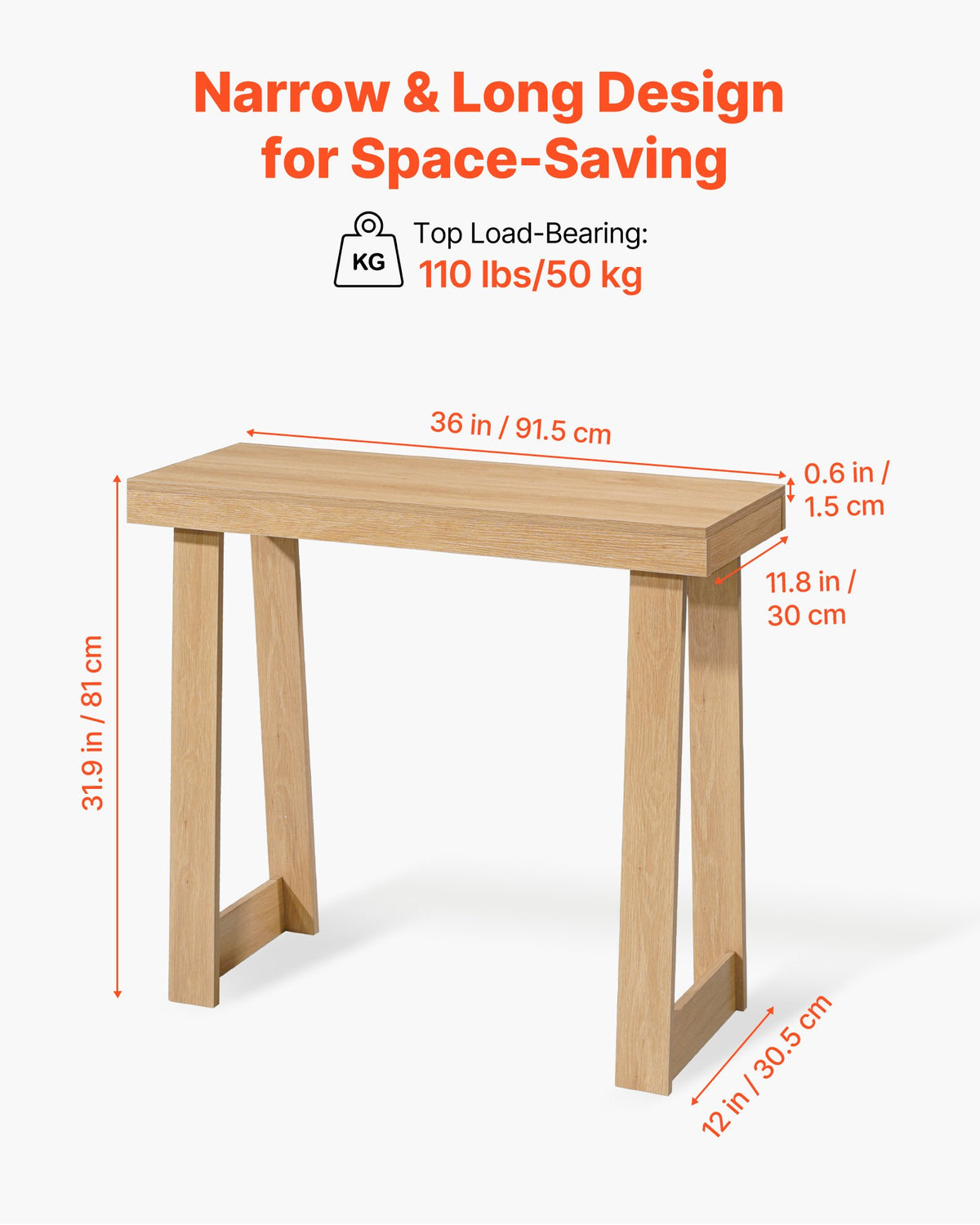 VEVOR 91,5 cm konsoles galds, šaurs galds aiz dīvāna ar 2 līmeņiem, dabīga koka krāsā, 50 kg