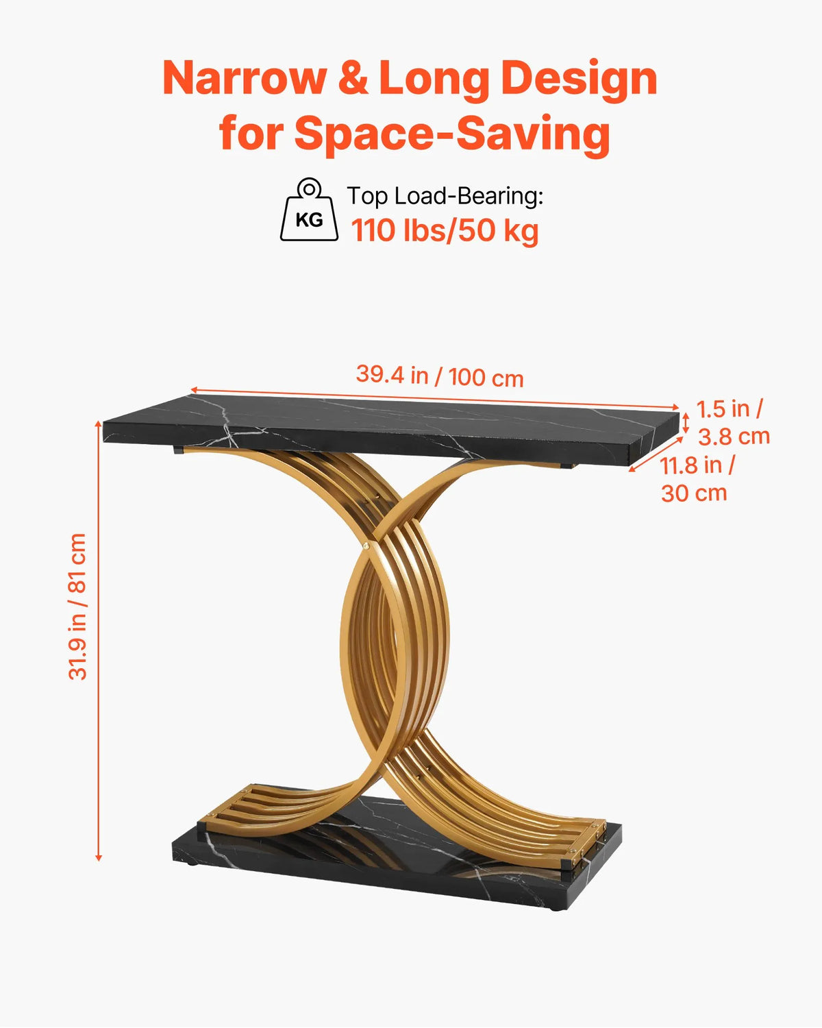VEVOR 100 cm konsoles galds, melns ar zelta rāmi, šaurs galds aiz dīvāna, MDF virsma, 50 kg