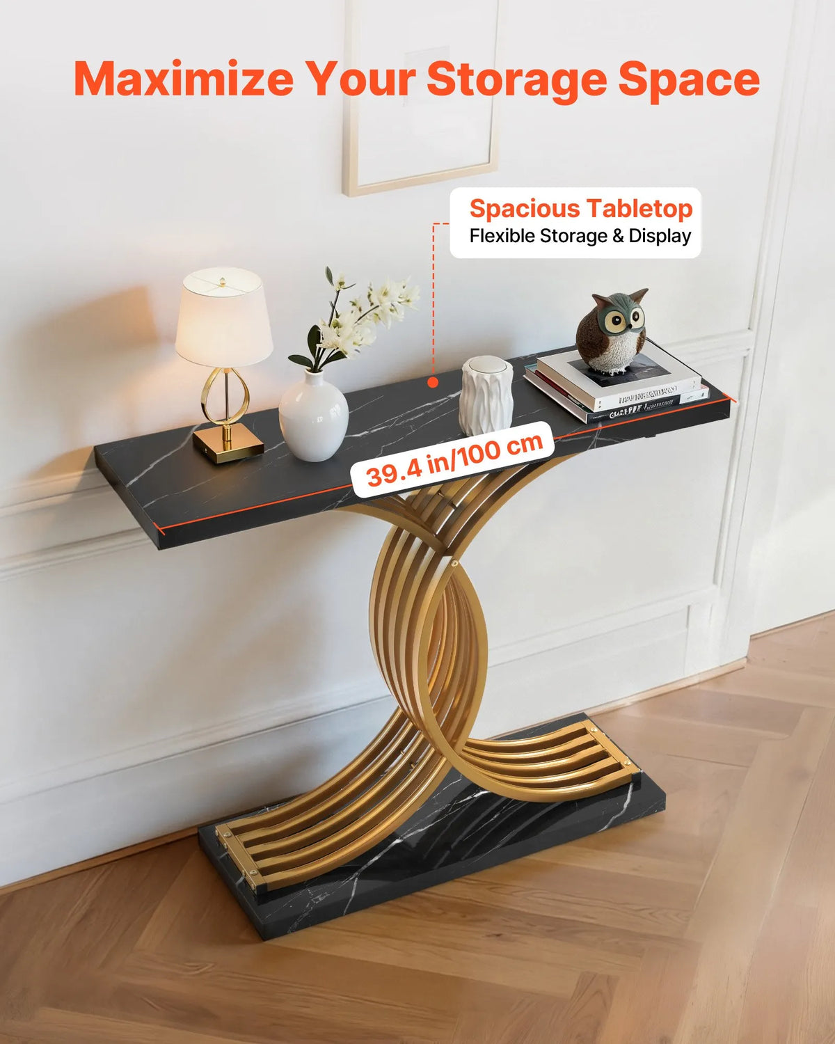 VEVOR 100 cm konsoles galds, melns ar zelta rāmi, šaurs galds aiz dīvāna, MDF virsma, 50 kg