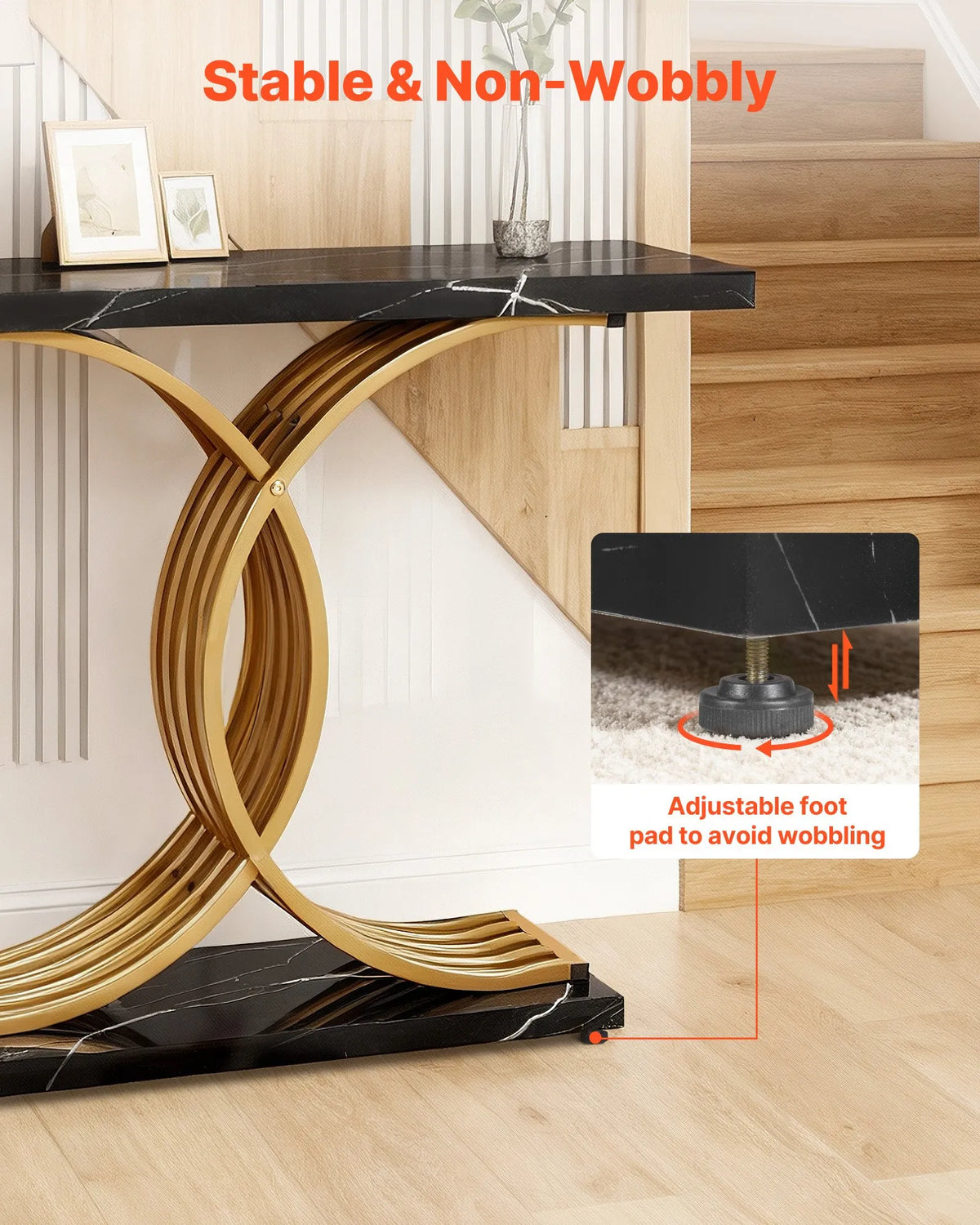 VEVOR 100 cm konsoles galds, melns ar zelta rāmi, šaurs galds aiz dīvāna, MDF virsma, 50 kg