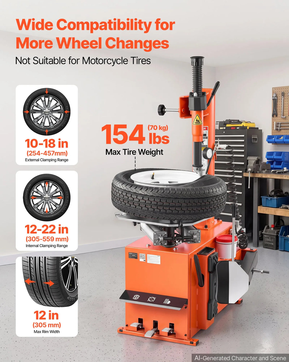 VEVOR elektriskā riepu montāžas iekārta, 1100 W, pedāļu vadība, diskiem ar ārējo fiksāciju 254–457 mm un iekšējo fiksāciju 305–559 mm