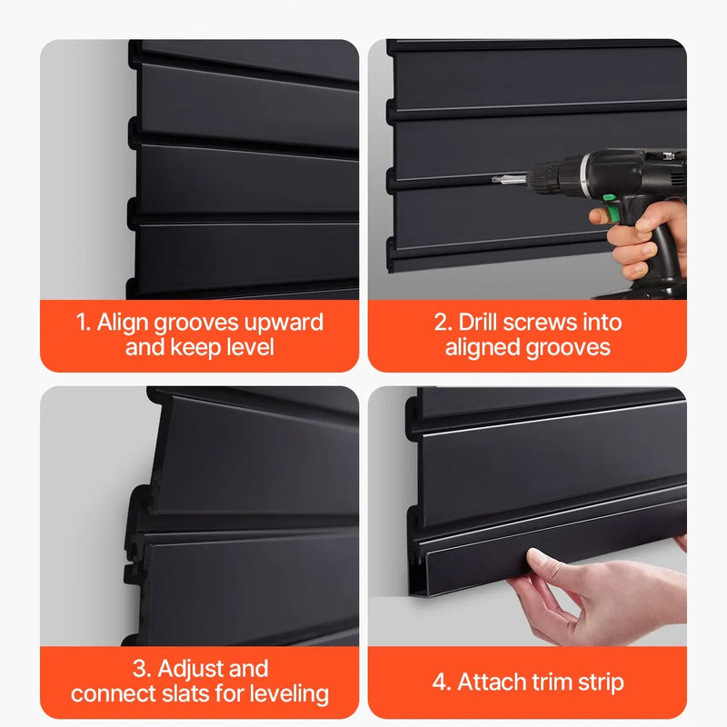 VEVOR Slatwall rievoto sienas paneļu sistēma, 1220 × 1220 mm, PVC modulāri sienas paneļi melnā krāsā, viegli uzstādāma, pielāgojama un piegriežama uzglabāšanas un demonstrēšanas sistēma, garāžai, darbnīcai, veikalam un mājai