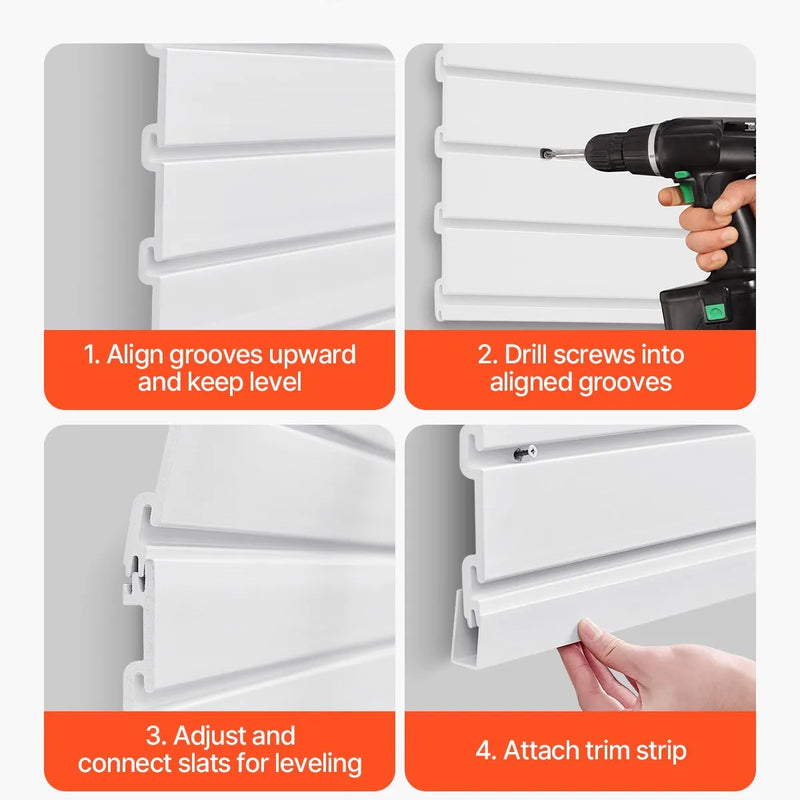 VEVOR Slatwall rievoto sienas paneļu sistēma, 1220 × 1220 mm, PVC modulāri sienas paneļi baltā krāsā, viegli uzstādāma, pielāgojama un piegriežama uzglabāšanas un demonstrēšanas sistēma, garāžai, darbnīcai, veikalam un mājai