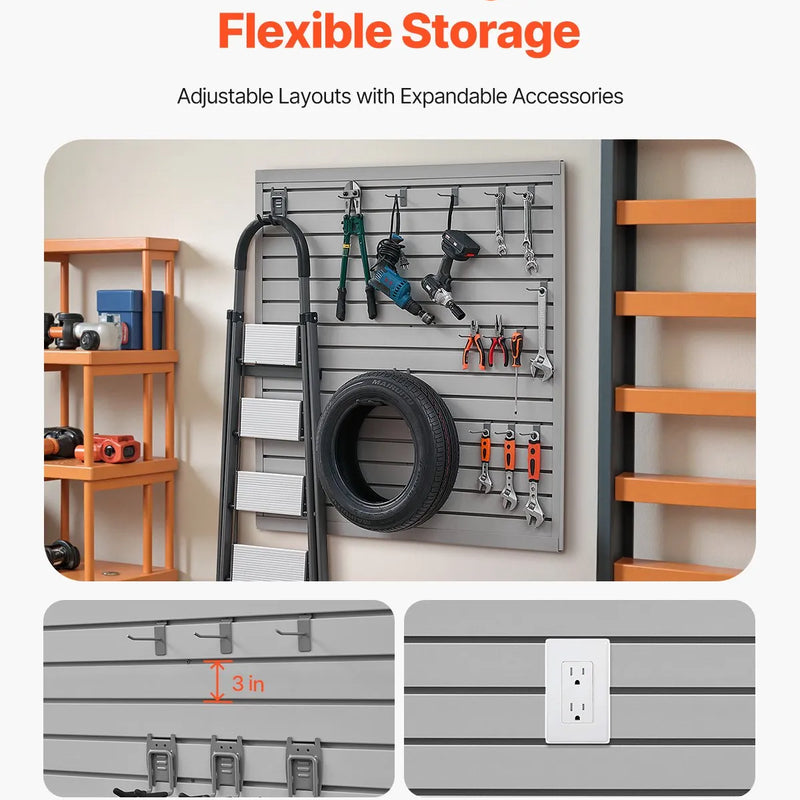VEVOR Slatwall rievoto sienas paneļu sistēma, 1220 × 1220 mm, PVC modulāri sienas paneļi pelēkā krāsā, viegli uzstādāma, pielāgojama un piegriežama uzglabāšanas un demonstrēšanas sistēma, garāžai, darbnīcai, veikalam un mājai