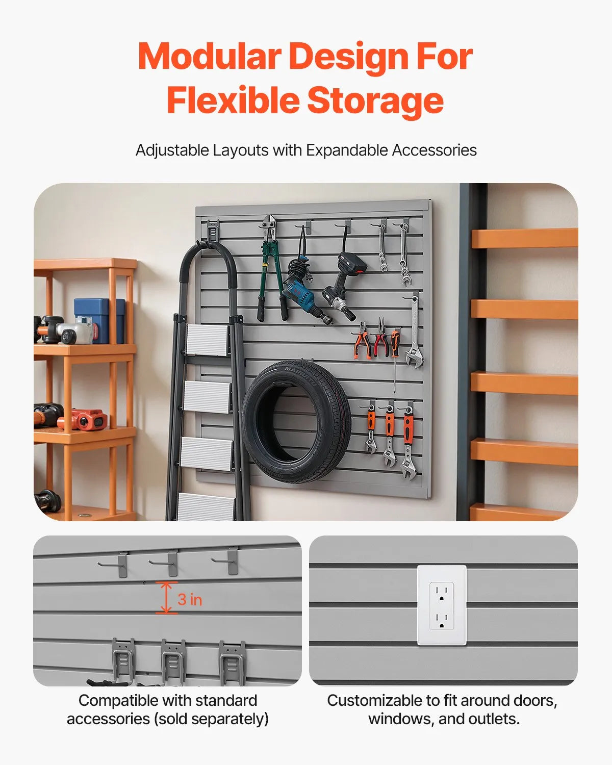 VEVOR Slatwall rievoto sienas paneļu sistēma, 1220 × 1220 mm, PVC modulāri sienas paneļi pelēkā krāsā, viegli uzstādāma, pielāgojama un piegriežama uzglabāšanas un demonstrēšanas sistēma, garāžai, darbnīcai, veikalam un mājai