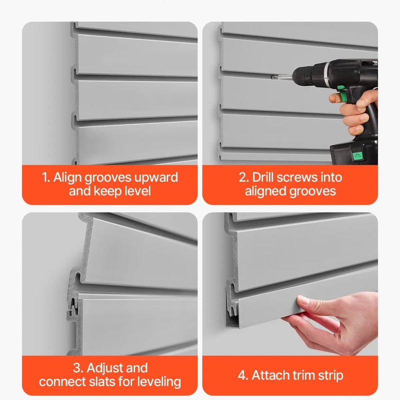VEVOR Slatwall rievoto sienas paneļu sistēma, 1220 × 1220 mm, PVC modulāri sienas paneļi pelēkā krāsā, viegli uzstādāma, pielāgojama un piegriežama uzglabāšanas un demonstrēšanas sistēma, garāžai, darbnīcai, veikalam un mājai