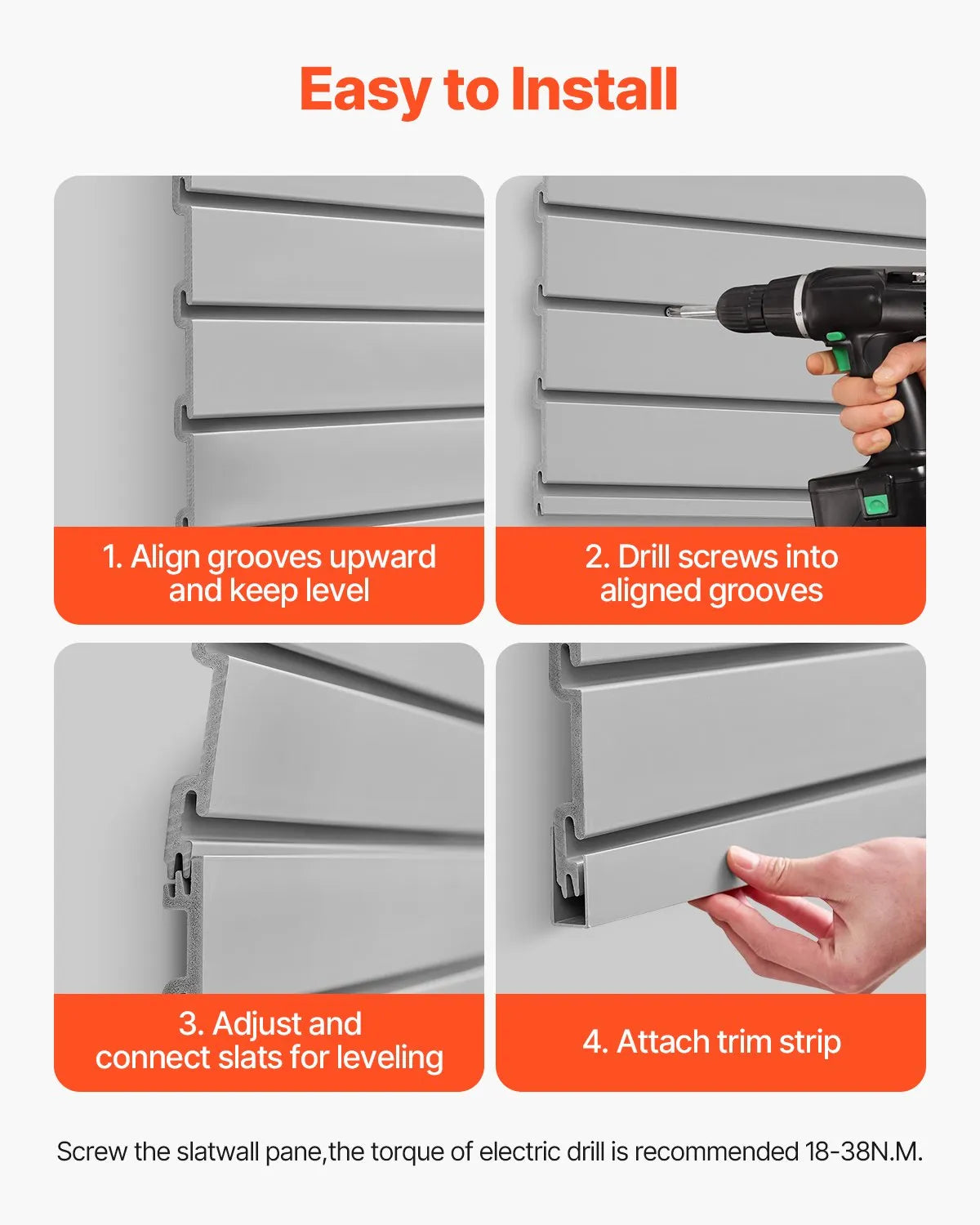 VEVOR Slatwall rievoto sienas paneļu sistēma, 1220 × 1220 mm, PVC modulāri sienas paneļi pelēkā krāsā, viegli uzstādāma, pielāgojama un piegriežama uzglabāšanas un demonstrēšanas sistēma, garāžai, darbnīcai, veikalam un mājai