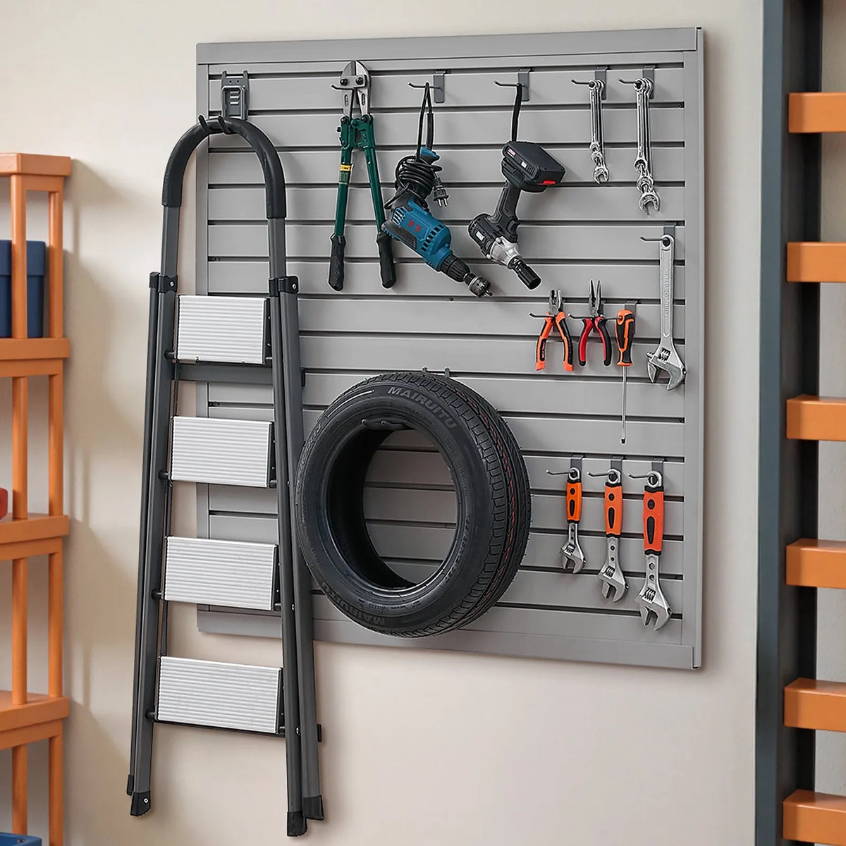 VEVOR Slatwall rievoto sienas paneļu sistēma, 1220 × 1220 mm, PVC modulāri sienas paneļi pelēkā krāsā, viegli uzstādāma, pielāgojama un piegriežama uzglabāšanas un demonstrēšanas sistēma, garāžai, darbnīcai, veikalam un mājai