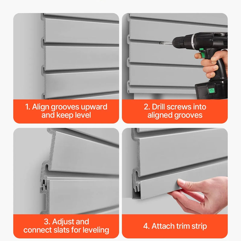 VEVOR Slatwall rievoto sienas paneļu sistēma, 2440 × 1220 mm, PVC sienas paneļi ar piederumiem, pelēka modulāra uzglabāšanas un demonstrēšanas sistēma, viegli uzstādāma, pielāgojama un piegriežama, garāžai, darbnīcai, veikalam un mājai