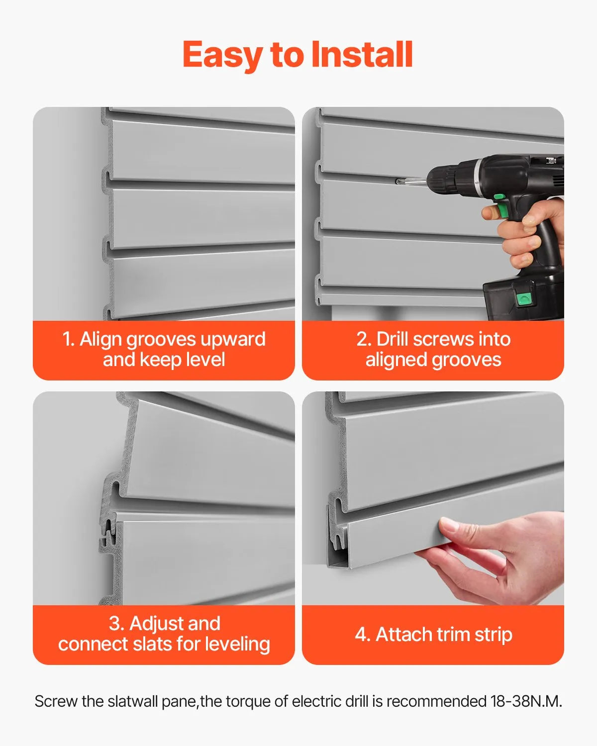 VEVOR Slatwall rievoto sienas paneļu sistēma, 2440 × 1220 mm, PVC sienas paneļi ar piederumiem, pelēka modulāra uzglabāšanas un demonstrēšanas sistēma, viegli uzstādāma, pielāgojama un piegriežama, garāžai, darbnīcai, veikalam un mājai