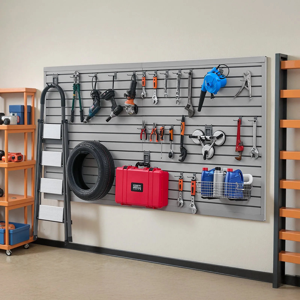 VEVOR Slatwall rievoto sienas paneļu sistēma, 2440 × 1220 mm, PVC sienas paneļi ar piederumiem, pelēka modulāra uzglabāšanas un demonstrēšanas sistēma, viegli uzstādāma, pielāgojama un piegriežama, garāžai, darbnīcai, veikalam un mājai