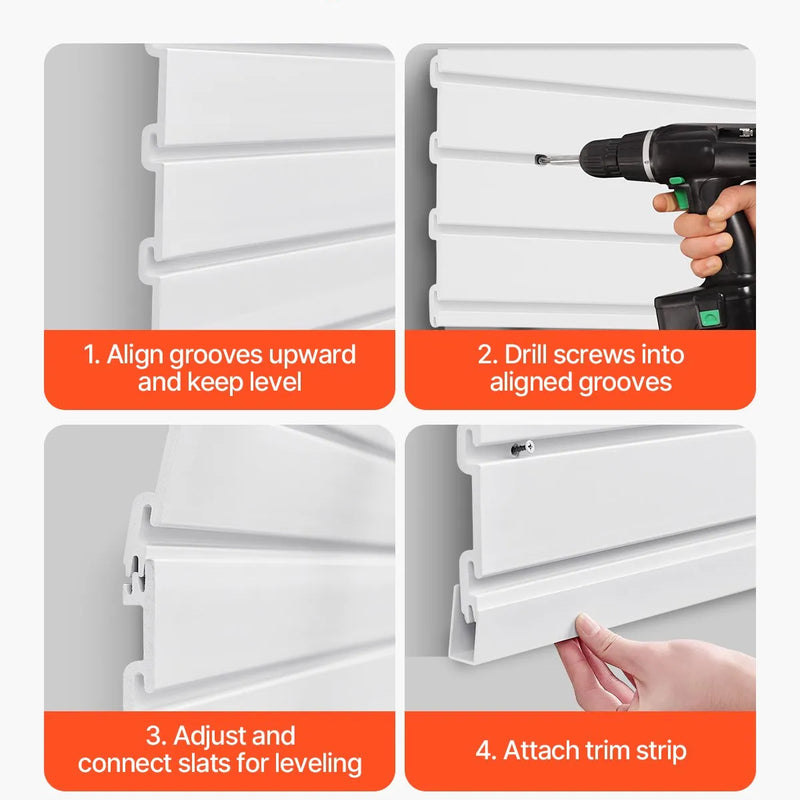 VEVOR Slatwall rievoto sienas paneļu sistēma, 2440 × 1220 mm, PVC sienas paneļi ar piederumiem, balta modulāra uzglabāšanas un demonstrēšanas sistēma, viegli uzstādāma, pielāgojama un piegriežama, garāžai, darbnīcai, veikalam un mājai