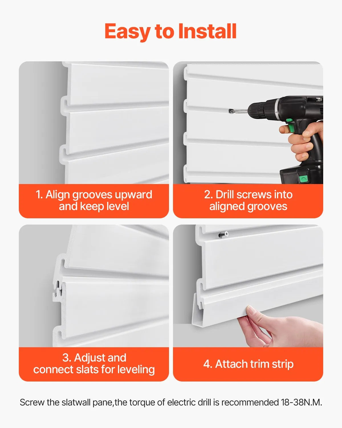 VEVOR Slatwall rievoto sienas paneļu sistēma, 2440 × 1220 mm, PVC sienas paneļi ar piederumiem, balta modulāra uzglabāšanas un demonstrēšanas sistēma, viegli uzstādāma, pielāgojama un piegriežama, garāžai, darbnīcai, veikalam un mājai