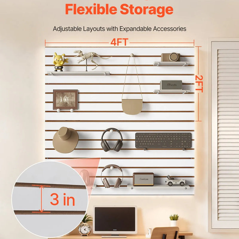 VEVOR Slatwall rievoto sienas paneļu sistēma, 1220 × 1220 mm, modulāri MDF sienas paneļi baltā krāsā, viegli uzstādāma, pielāgojama un piegriežama uzglabāšanas un demonstrēšanas sistēma, garāžai, darbnīcai