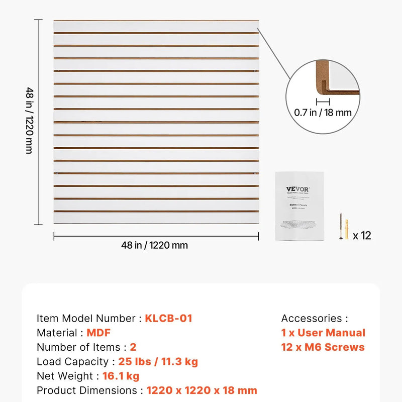 VEVOR Slatwall rievoto sienas paneļu sistēma, 1220 × 1220 mm, modulāri MDF sienas paneļi baltā krāsā, viegli uzstādāma, pielāgojama un piegriežama uzglabāšanas un demonstrēšanas sistēma, garāžai, darbnīcai