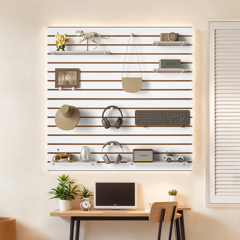 VEVOR Slatwall rievoto sienas paneļu sistēma, 1220 × 1220 mm, modulāri MDF sienas paneļi baltā krāsā, viegli uzstādāma, pielāgojama un piegriežama uzglabāšanas un demonstrēšanas sistēma, garāžai, darbnīcai