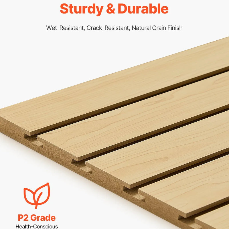 VEVOR rievoto sienas paneļu sistēma, 1220 × 1220 mm, MDF modulārs Slatwall uzglabāšanas un demonstrēšanas panelis dabīga koka izskatā, viegli uzstādāms, regulējams un piegriežams, garāžai, darbnīcai, veikalam un mājai