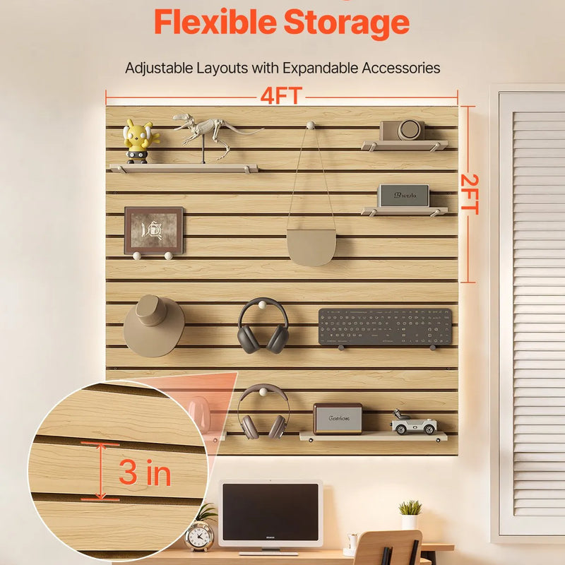VEVOR rievoto sienas paneļu sistēma, 1220 × 1220 mm, MDF modulārs Slatwall uzglabāšanas un demonstrēšanas panelis dabīga koka izskatā, viegli uzstādāms, regulējams un piegriežams, garāžai, darbnīcai, veikalam un mājai