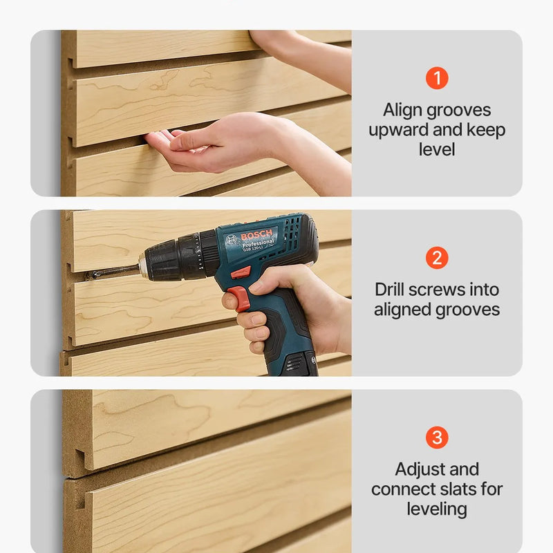 VEVOR rievoto sienas paneļu sistēma, 1220 × 1220 mm, MDF modulārs Slatwall uzglabāšanas un demonstrēšanas panelis dabīga koka izskatā, viegli uzstādāms, regulējams un piegriežams, garāžai, darbnīcai, veikalam un mājai