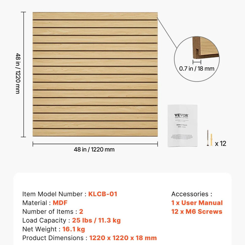 VEVOR rievoto sienas paneļu sistēma, 1220 × 1220 mm, MDF modulārs Slatwall uzglabāšanas un demonstrēšanas panelis dabīga koka izskatā, viegli uzstādāms, regulējams un piegriežams, garāžai, darbnīcai, veikalam un mājai