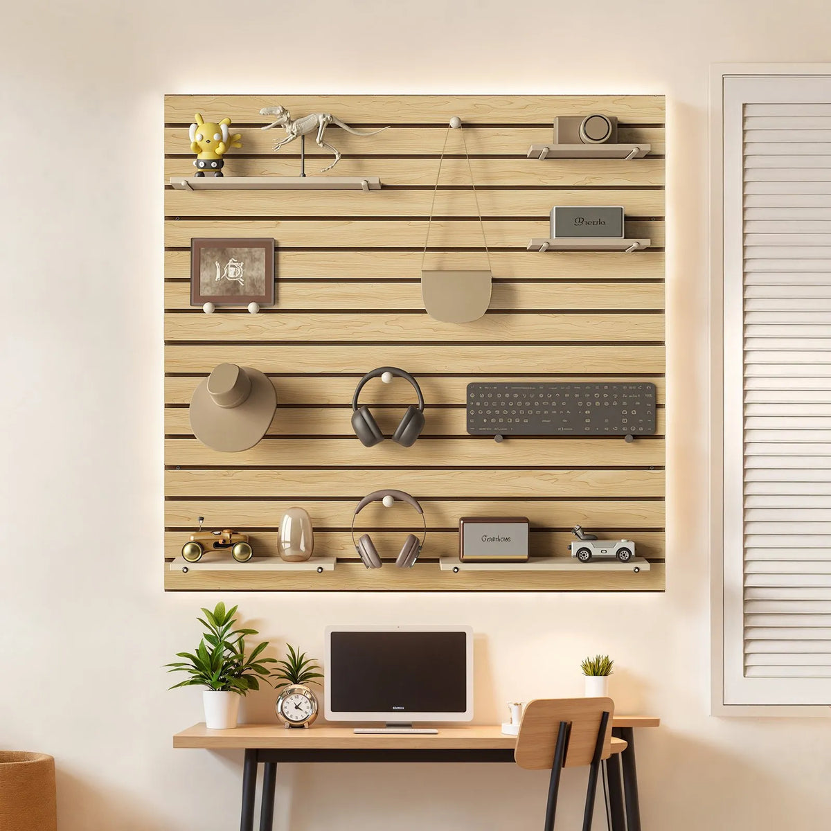 VEVOR rievoto sienas paneļu sistēma, 1220 × 1220 mm, MDF modulārs Slatwall uzglabāšanas un demonstrēšanas panelis dabīga koka izskatā, viegli uzstādāms, regulējams un piegriežams, garāžai, darbnīcai, veikalam un mājai