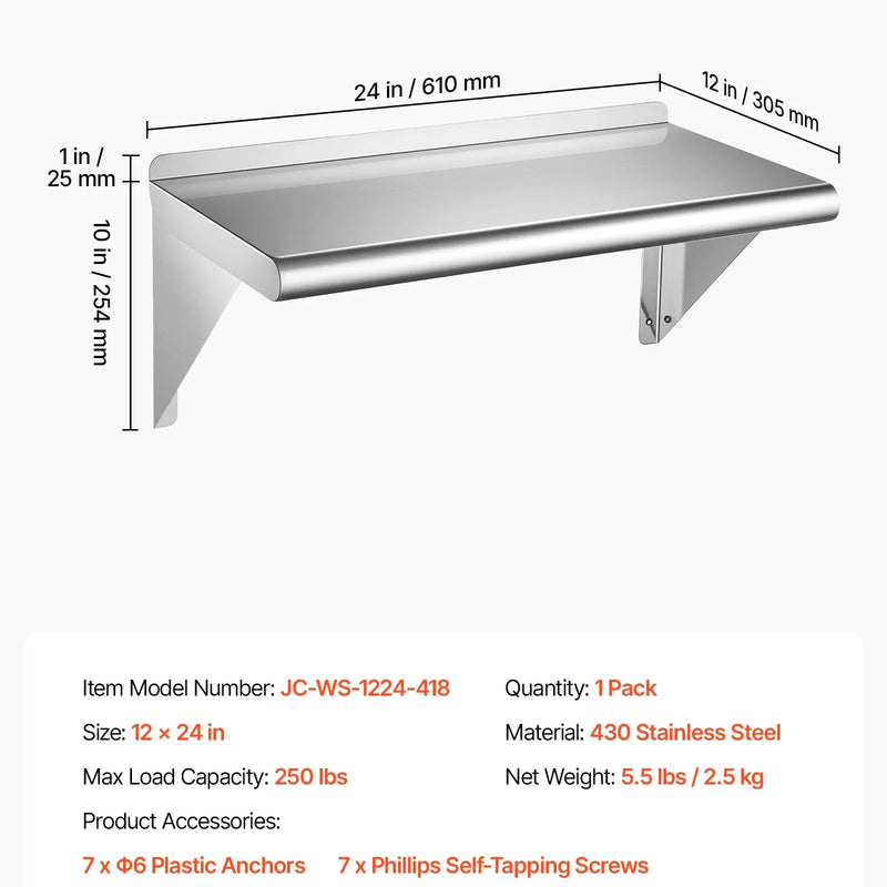 VEVOR JC-WS-1224-418 nerūsējošā tērauda sienas plaukts, 305 × 610 mm, 113 kg kravnesība, komerciāls peldošais plaukts ar kronšteiniem, virtuvei, restorānam un garāžai