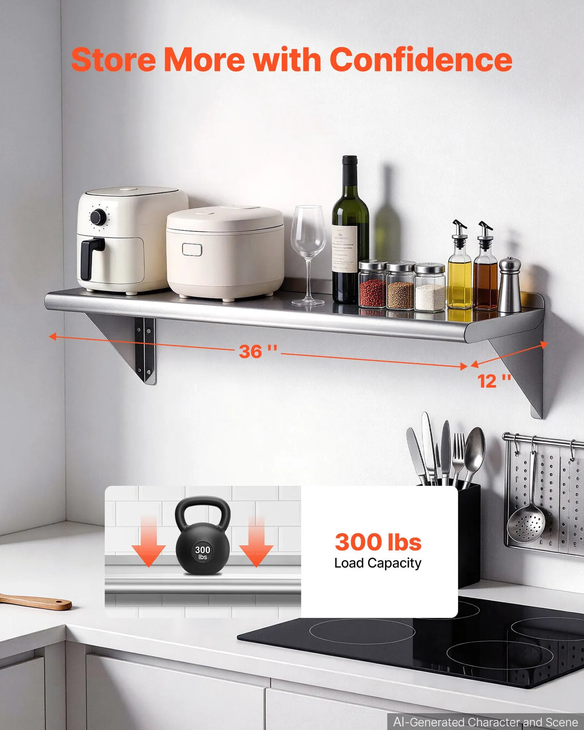 VEVOR Stainless Steel Wall Shelves 305 × 914 mm with Brackets, 2 pcs, 136 kg