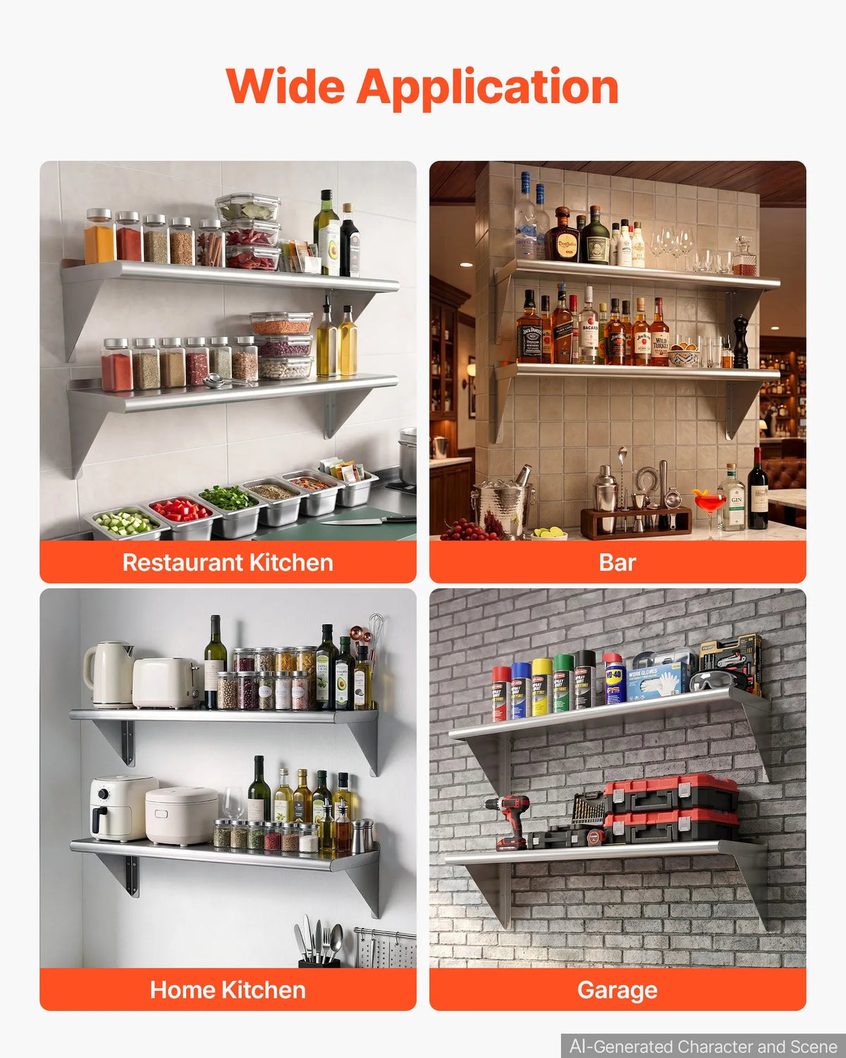 VEVOR Stainless Steel Wall Shelves 305 × 914 mm with Brackets, 2 pcs, 136 kg