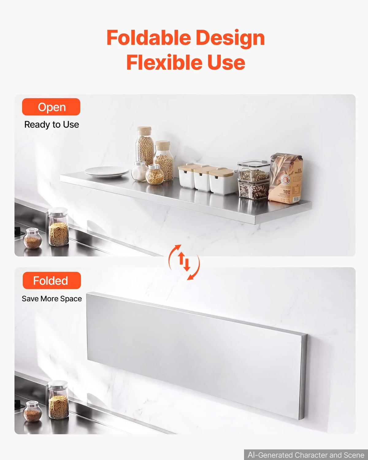 VEVOR Stainless Steel Wall Shelf 305 × 1219 mm with Brackets, Foldable, 136 kg