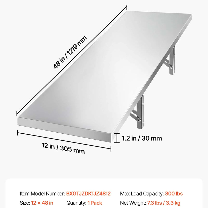 VEVOR nerūsējošā tērauda sienas plaukts, 305 × 1219 mm, salokāms, 136 kg kravnesība, komerciāls peldošais plaukts ar kronšteiniem, virtuvei, restorānam un garāžai