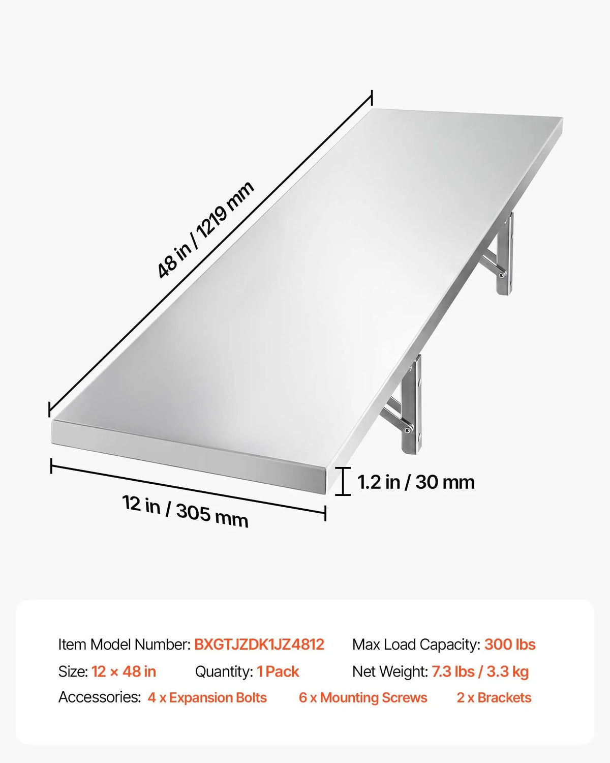 VEVOR Stainless Steel Wall Shelf 305 × 1219 mm with Brackets, Foldable, 136 kg