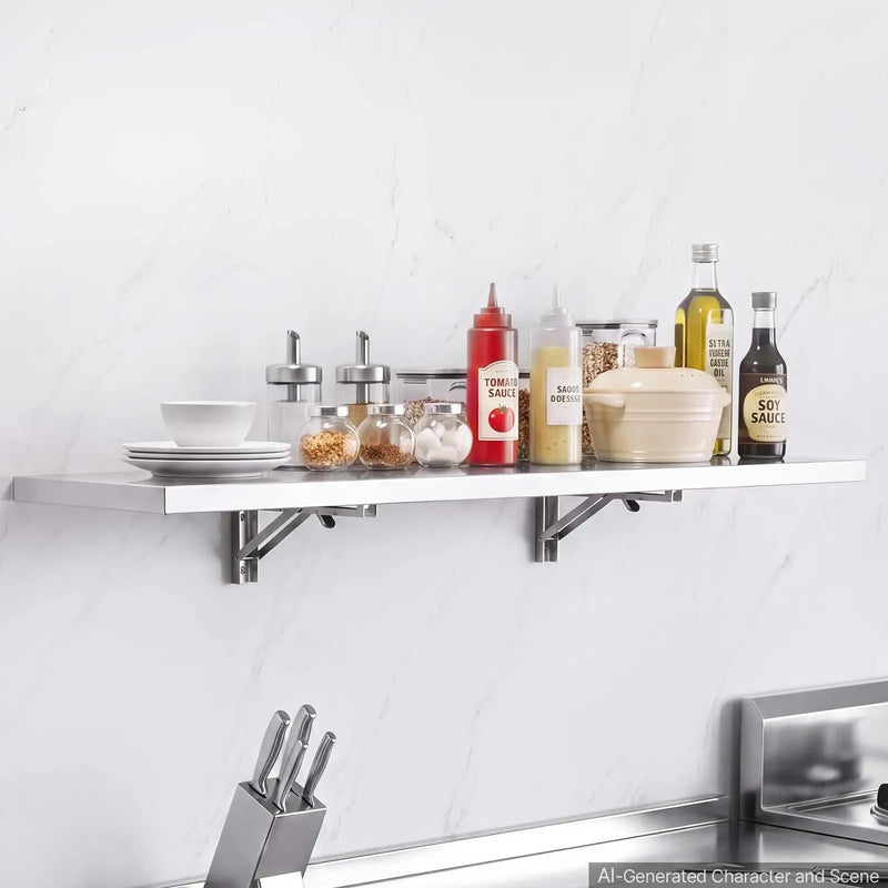 VEVOR nerūsējošā tērauda sienas plaukts, 305 × 1219 mm, salokāms, 136 kg kravnesība, komerciāls peldošais plaukts ar kronšteiniem, virtuvei, restorānam un garāžai