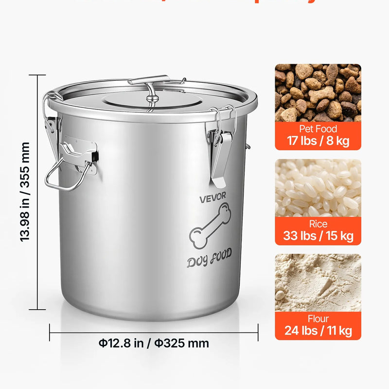 VEVOR HC-20 LT, 20 l nerūsējošā tērauda barības uzglabāšanas konteiners suņiem un kaķiem, līdz ~8 kg, hermētisks vāks, 2 rokturi, metāla tvertne sausajai barībai, rīsiem un miltiem