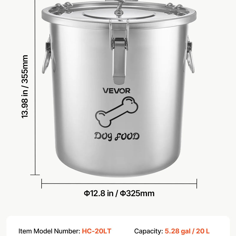 VEVOR HC-20 LT, 20 l nerūsējošā tērauda barības uzglabāšanas konteiners suņiem un kaķiem, līdz ~8 kg, hermētisks vāks, 2 rokturi, metāla tvertne sausajai barībai, rīsiem un miltiem