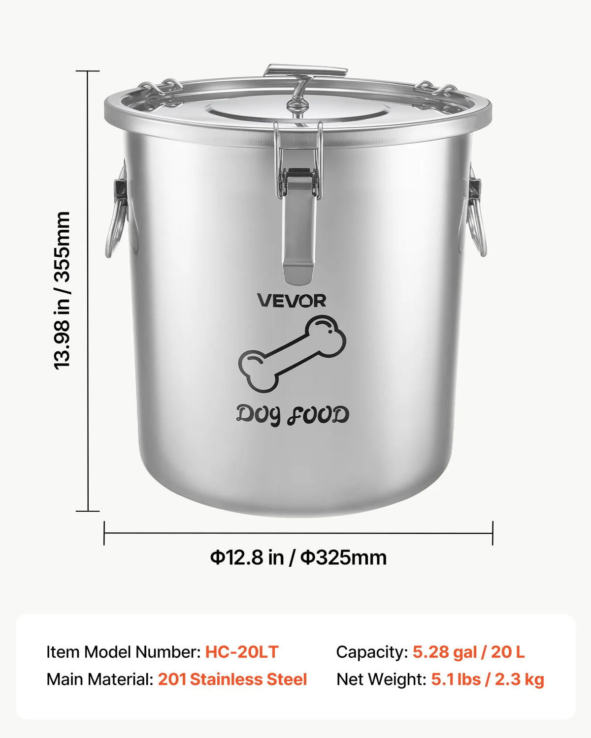 VEVOR Stainless Steel Pet Food Container for Dogs and Cats with Airtight Lid, 20 l (~8 kg)