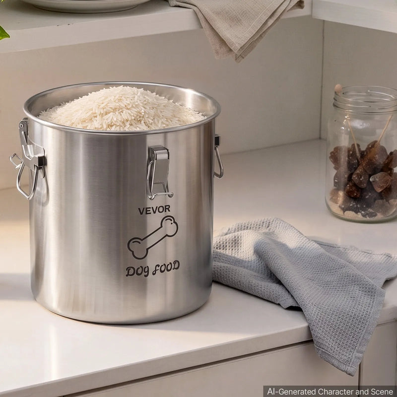 VEVOR HC-20 LT, 20 l nerūsējošā tērauda barības uzglabāšanas konteiners suņiem un kaķiem, līdz ~8 kg, hermētisks vāks, 2 rokturi, metāla tvertne sausajai barībai, rīsiem un miltiem