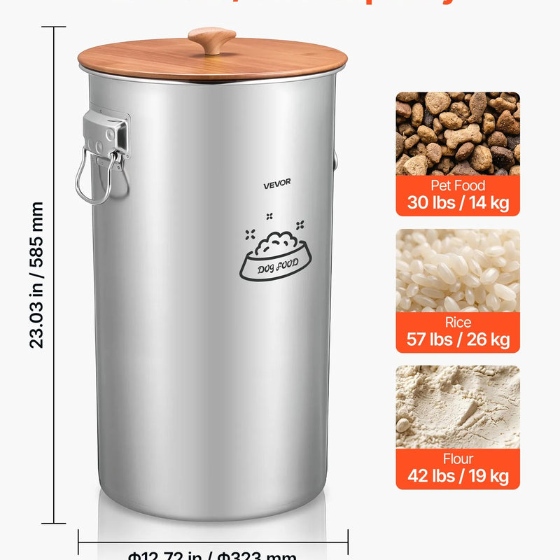 VEVOR HC-35 LT, 35 l nerūsējošā tērauda barības uzglabāšanas konteiners suņiem un kaķiem, līdz 14 kg, hermētisks vāks, 2 rokturi, metāla tvertne sausajai barībai, rīsiem un miltiem