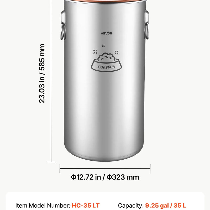 VEVOR HC-35 LT, 35 l nerūsējošā tērauda barības uzglabāšanas konteiners suņiem un kaķiem, līdz 14 kg, hermētisks vāks, 2 rokturi, metāla tvertne sausajai barībai, rīsiem un miltiem
