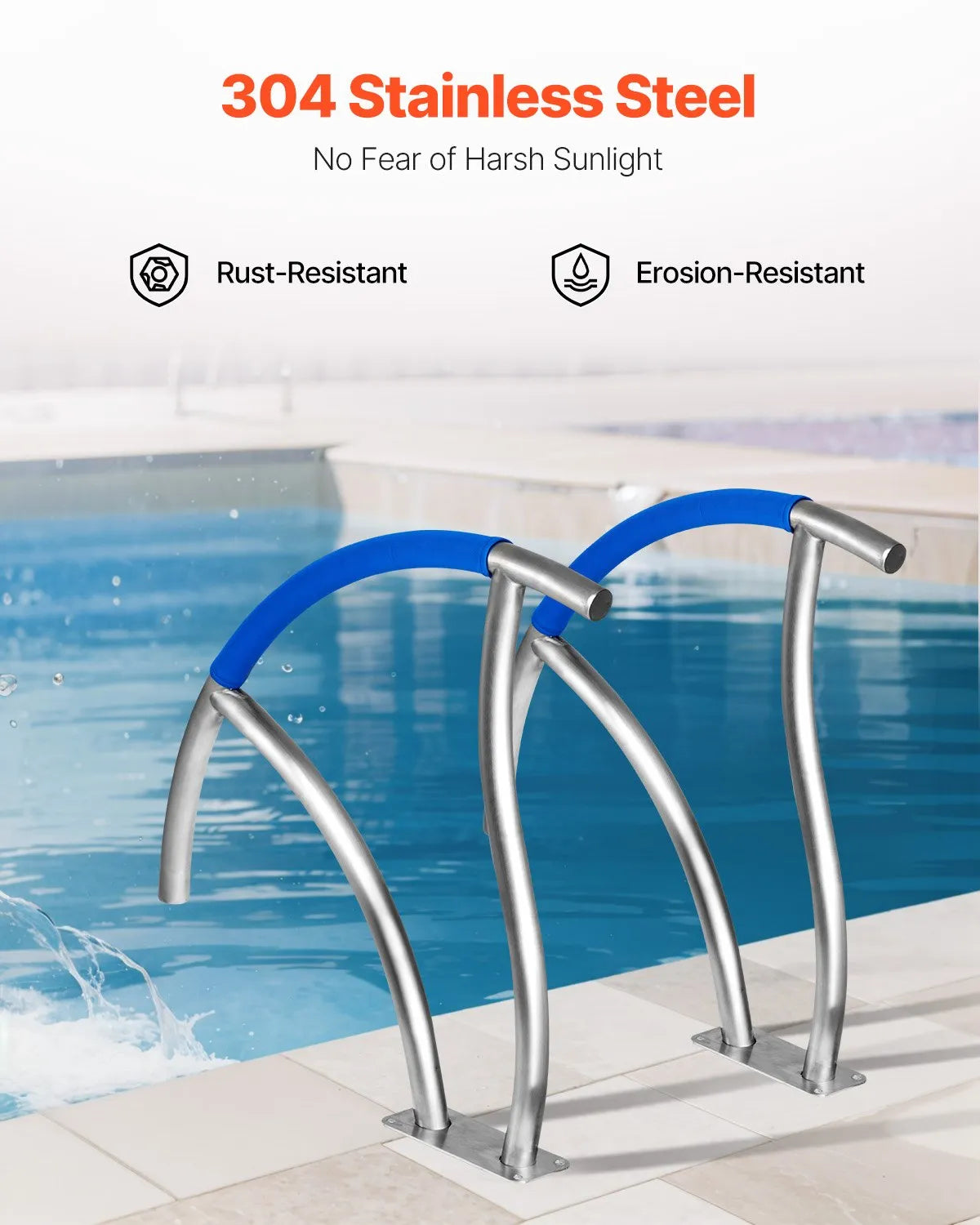 VEVOR Pool Ladder Handrails 2 pcs, 762 × 762 mm, Stainless Steel Handrails with Quick-Mount Base Plate, Maximum Load 170 kg, Complete Fastening Accessories Kit Included