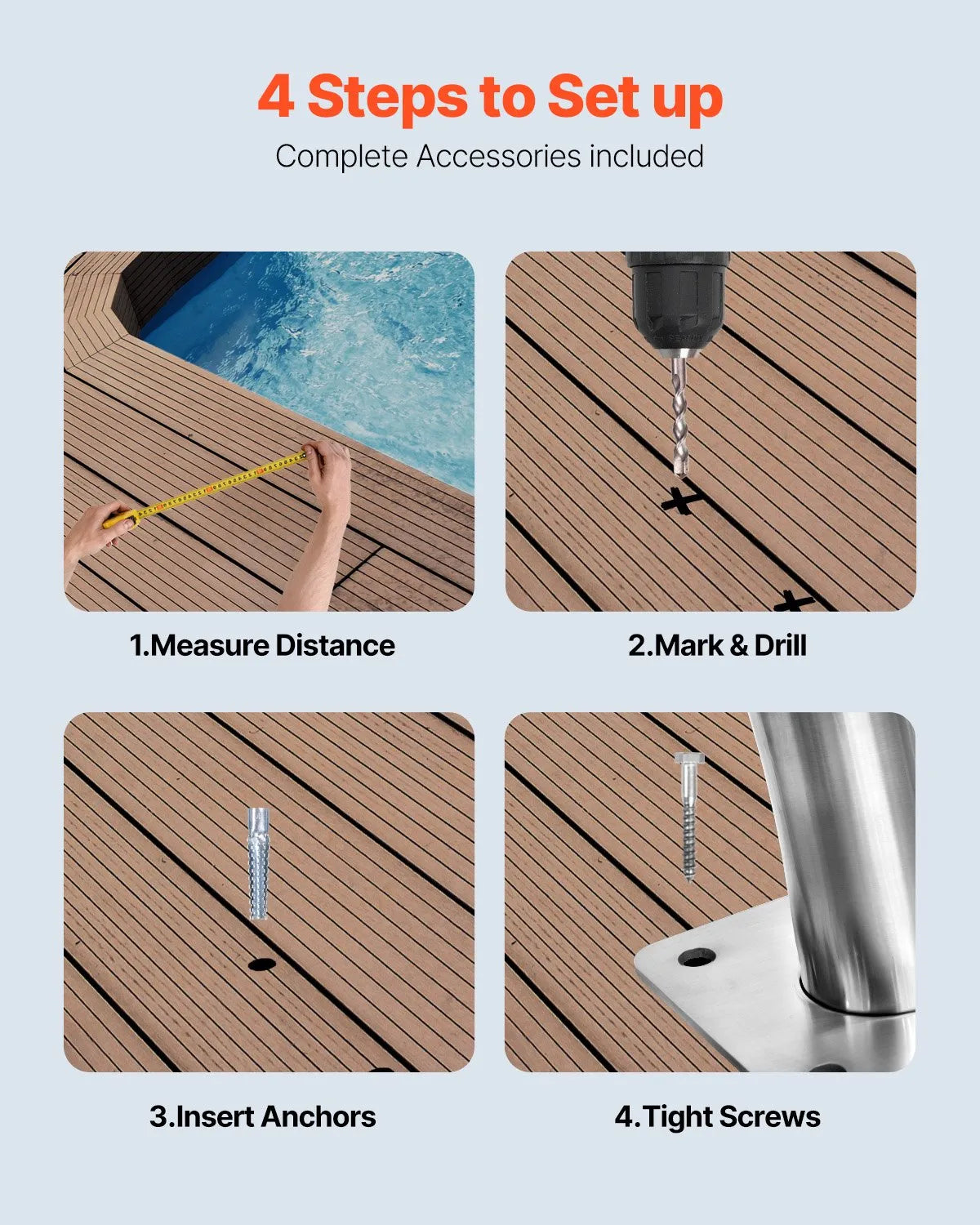 VEVOR Pool Ladder Handrails 2 pcs, 762 × 762 mm, Stainless Steel Handrails with Quick-Mount Base Plate, Maximum Load 170 kg, Complete Fastening Accessories Kit Included