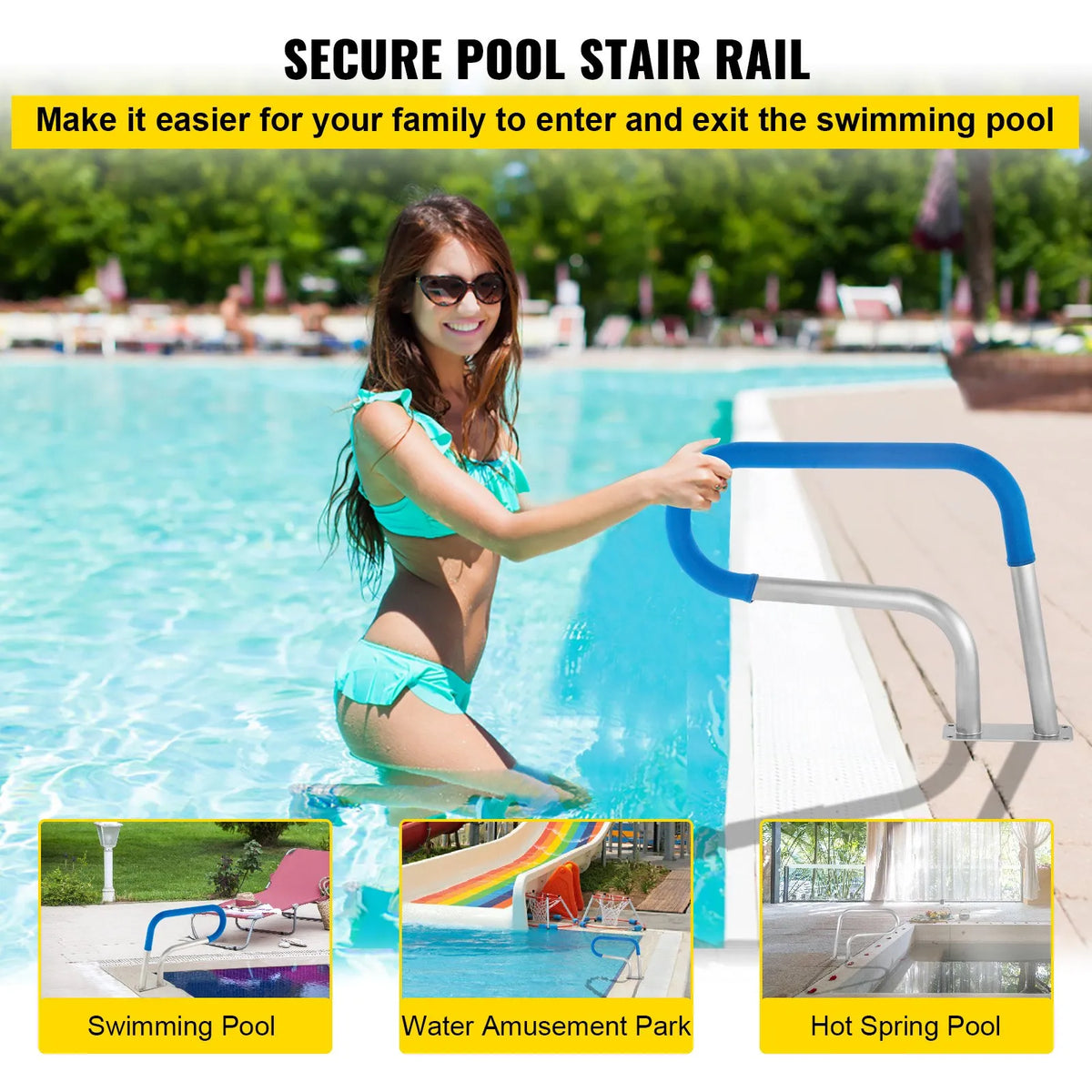 VEVOR Pool Handrails 76 × 56 cm, Grade 304 Stainless Steel Safety Handrails for Swimming Pools with 113 kg Load Capacity, Silver, Rust-Resistant, with Blue Grip Cover, M8 Drill Bits and Self-Tapping Screws