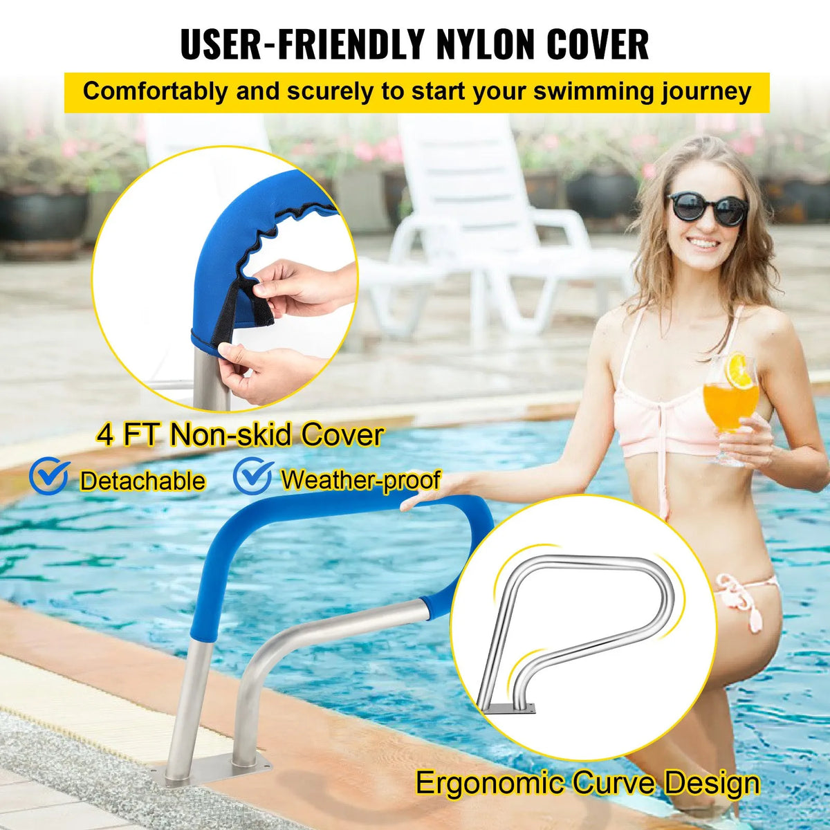 VEVOR Pool Handrails 76 × 56 cm, Grade 304 Stainless Steel Safety Handrails for Swimming Pools with 113 kg Load Capacity, Silver, Rust-Resistant, with Blue Grip Cover, M8 Drill Bits and Self-Tapping Screws