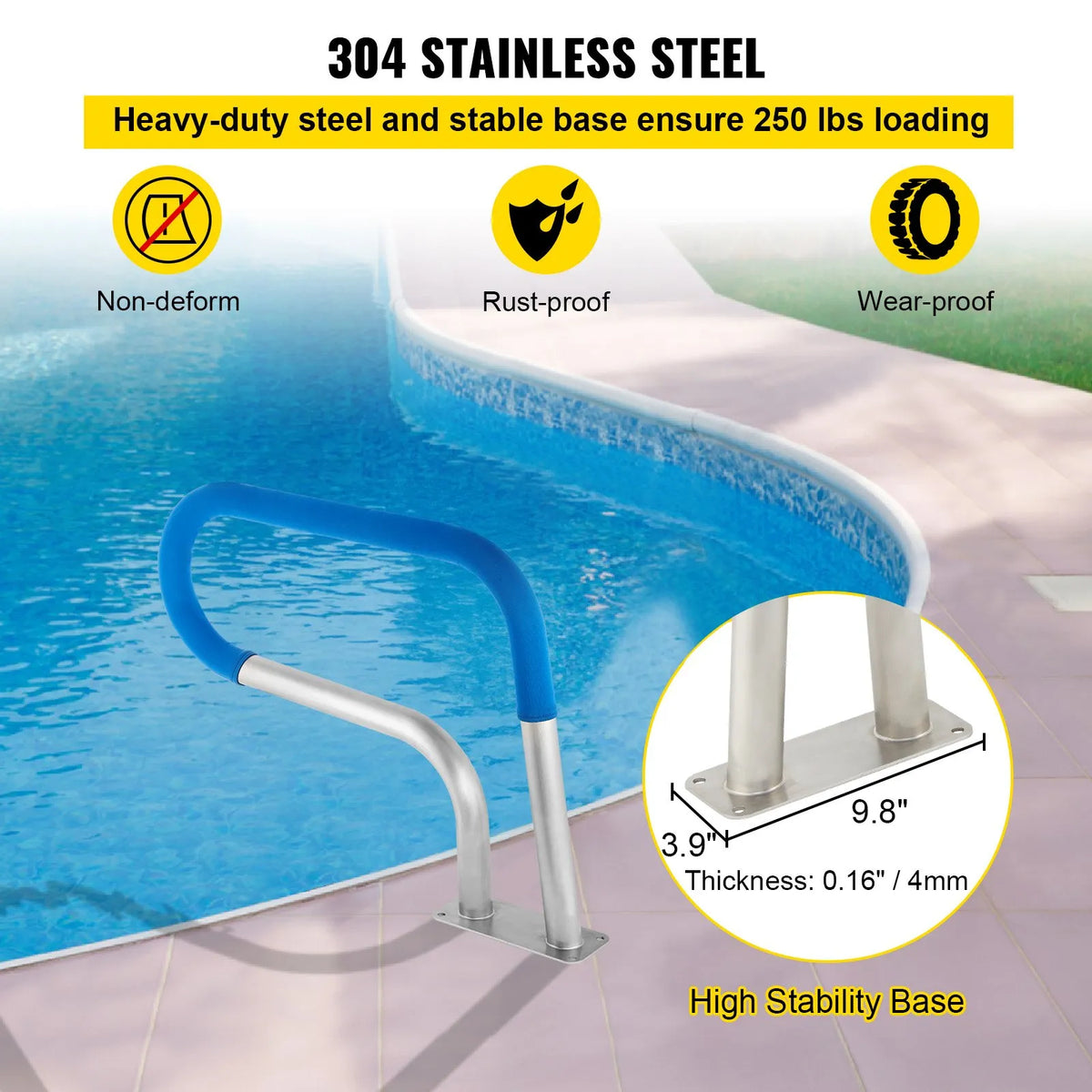 VEVOR Pool Handrails 76 × 56 cm, Grade 304 Stainless Steel Safety Handrails for Swimming Pools with 113 kg Load Capacity, Silver, Rust-Resistant, with Blue Grip Cover, M8 Drill Bits and Self-Tapping Screws