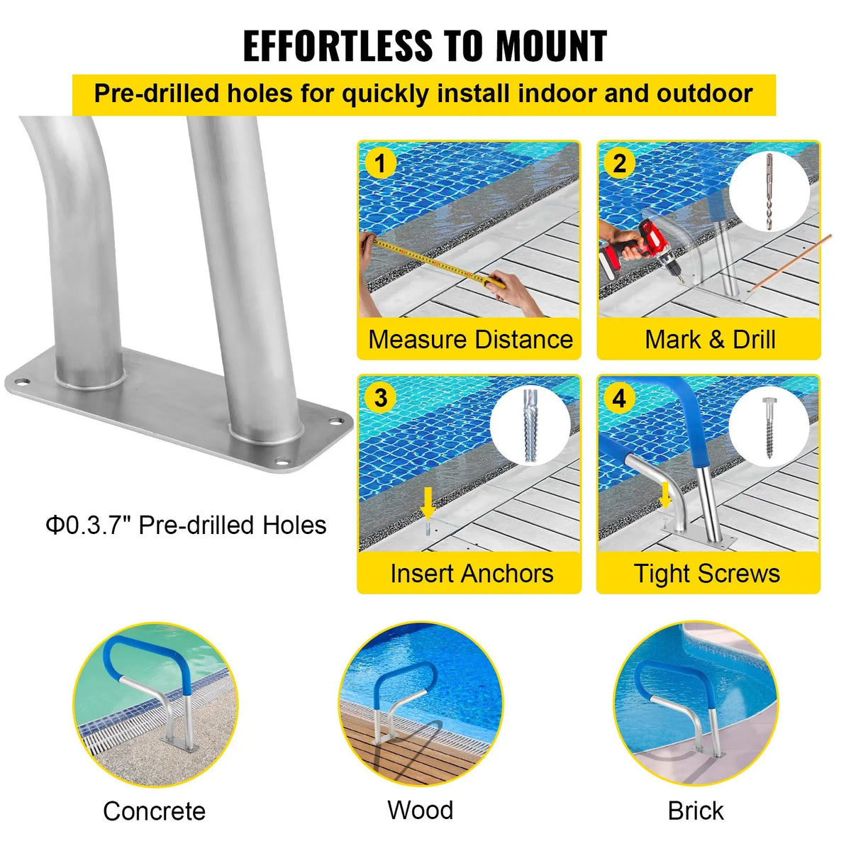 VEVOR Pool Handrails 76 × 56 cm, Grade 304 Stainless Steel Safety Handrails for Swimming Pools with 113 kg Load Capacity, Silver, Rust-Resistant, with Blue Grip Cover, M8 Drill Bits and Self-Tapping Screws