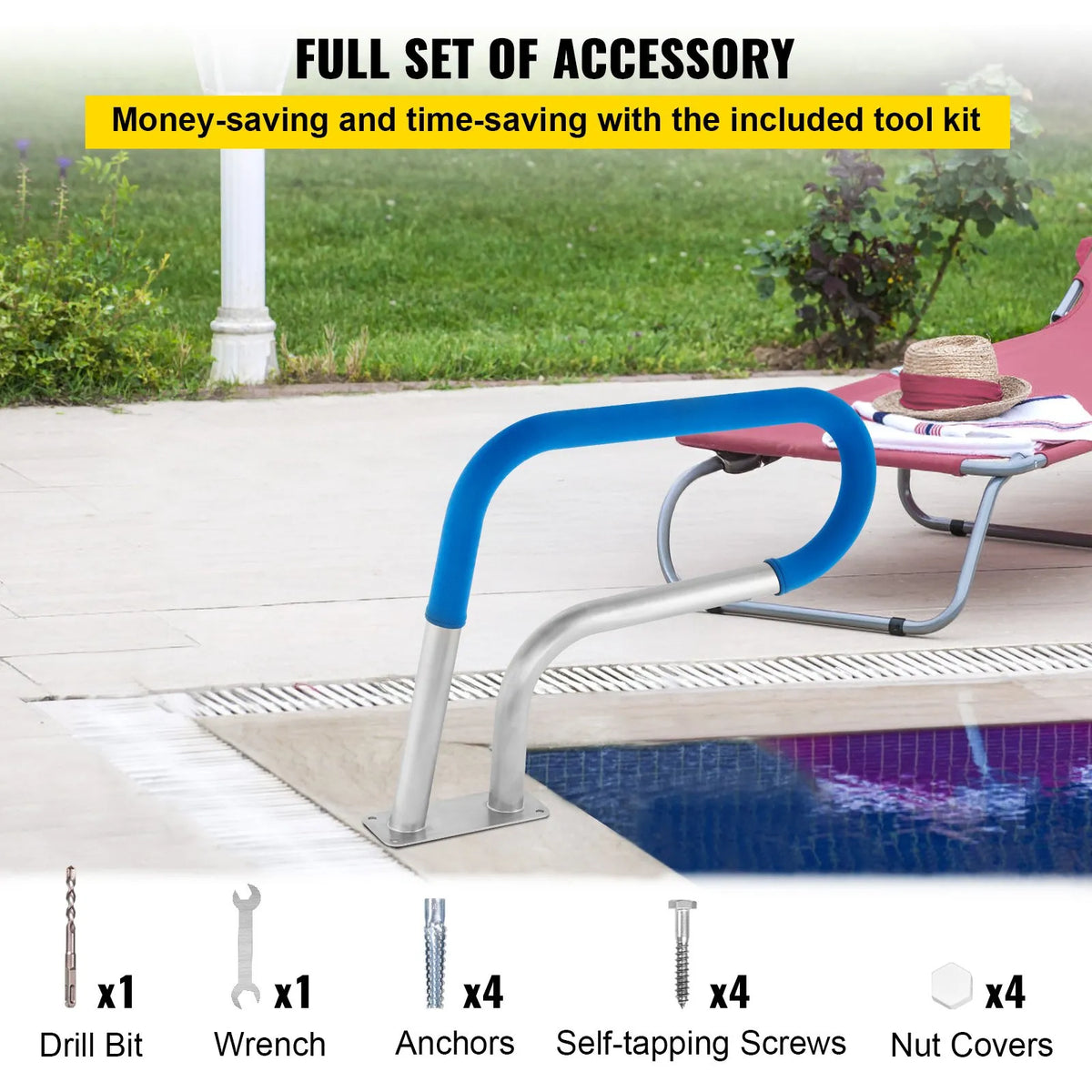 VEVOR Pool Handrails 76 × 56 cm, Grade 304 Stainless Steel Safety Handrails for Swimming Pools with 113 kg Load Capacity, Silver, Rust-Resistant, with Blue Grip Cover, M8 Drill Bits and Self-Tapping Screws