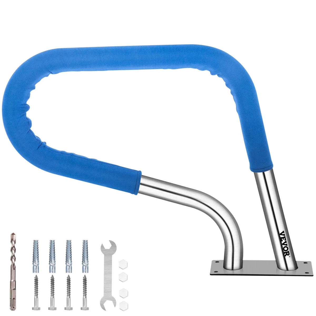 VEVOR Pool Handrails 76 × 56 cm, Grade 304 Stainless Steel Safety Handrails for Swimming Pools with 113 kg Load Capacity, Silver, Rust-Resistant, with Blue Grip Cover, M8 Drill Bits and Self-Tapping Screws